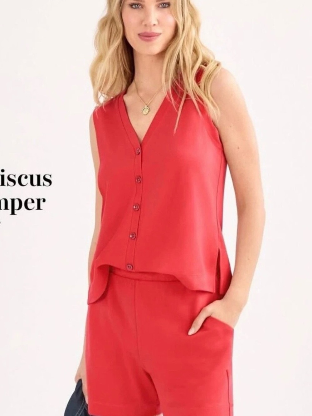 Red Sleeveless Button-Front Top and Shorts Set HIBISCUS ROMPER NWOT